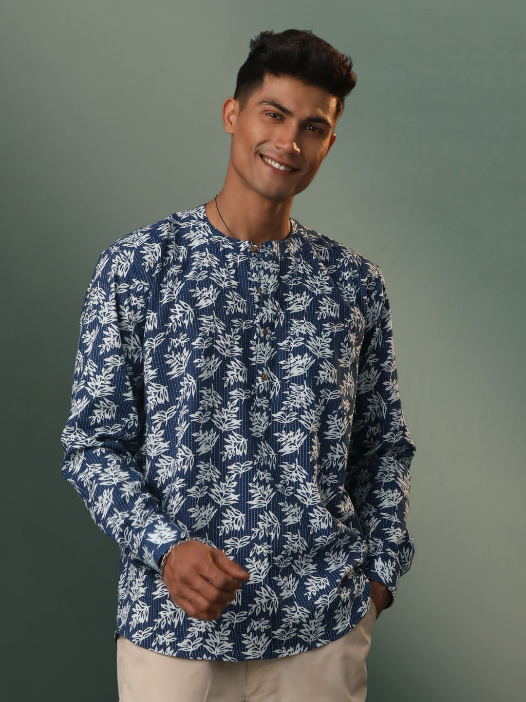 Men's Navy Blue Cotton Short Kurta