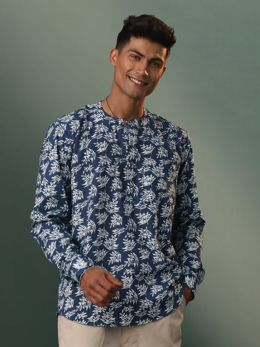 Men's Navy Blue Cotton Short Kurta