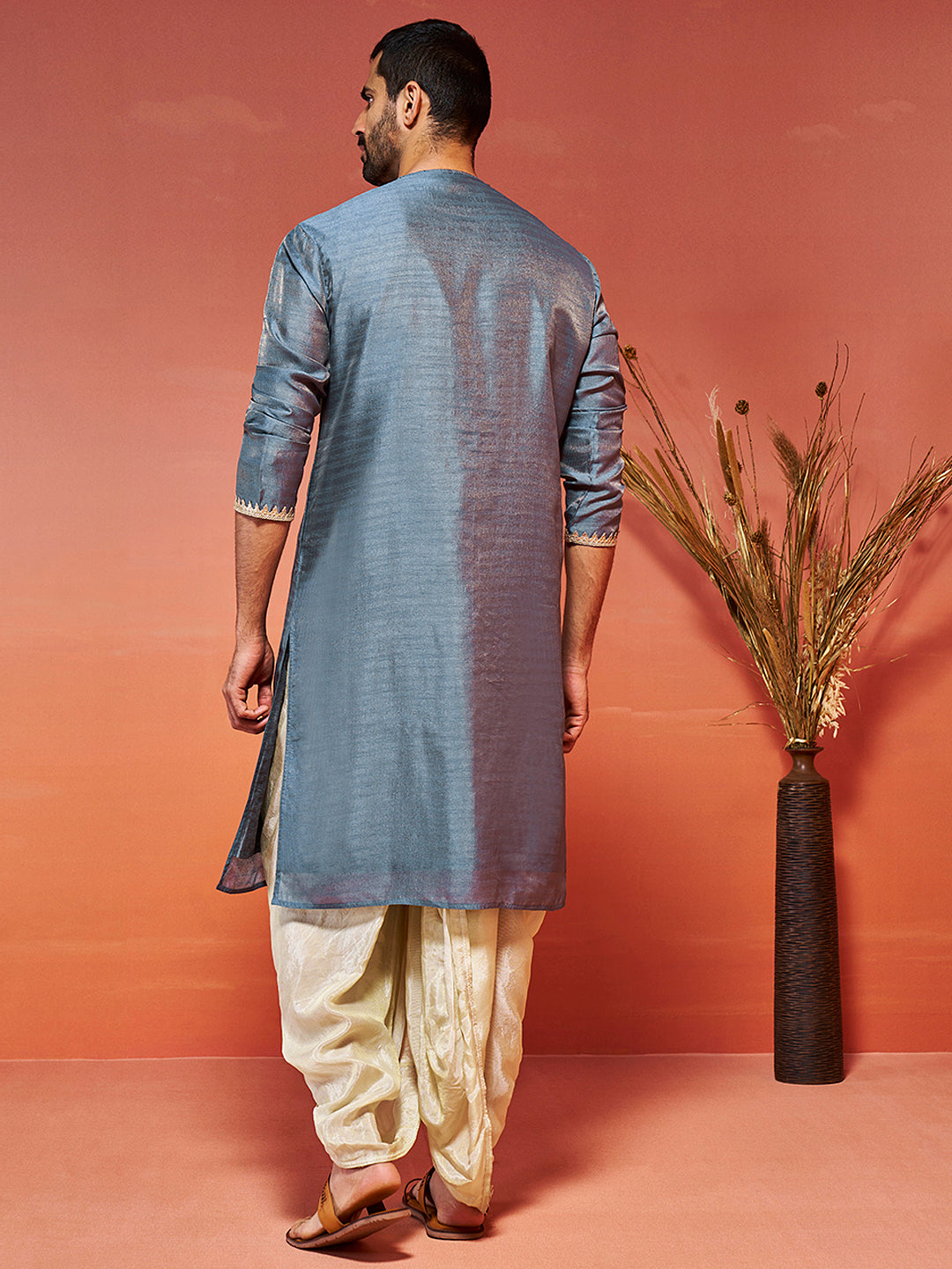 Men's Gray Silk Blend Kurta And Dhoti Set