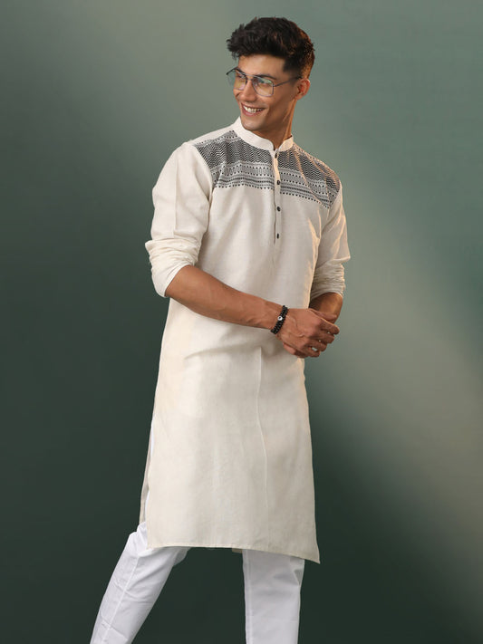 Men's Cream And Black Cotton Kurta