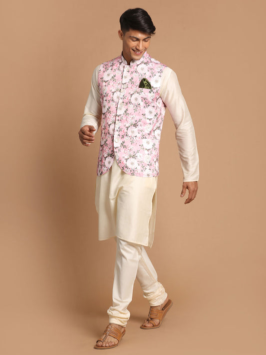 Men's Pink And Cream Viscose Jacket, Kurta and Pyjama Set