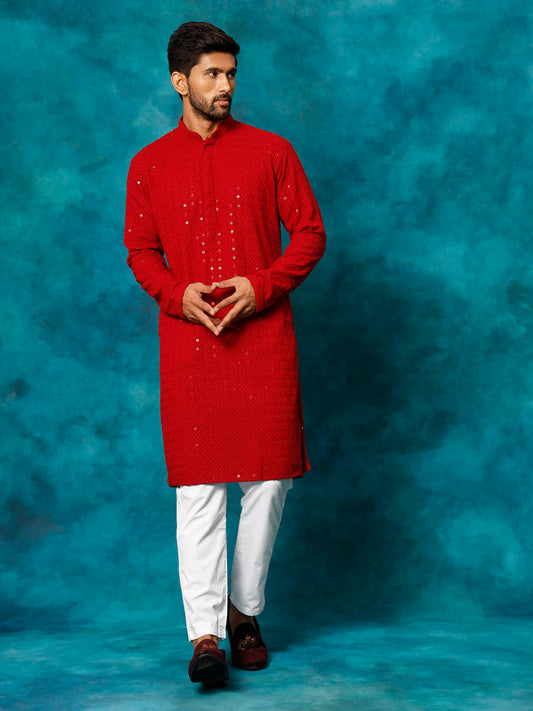 Men's Maroon And White Rayon Cotton Kurta Pyjama Set