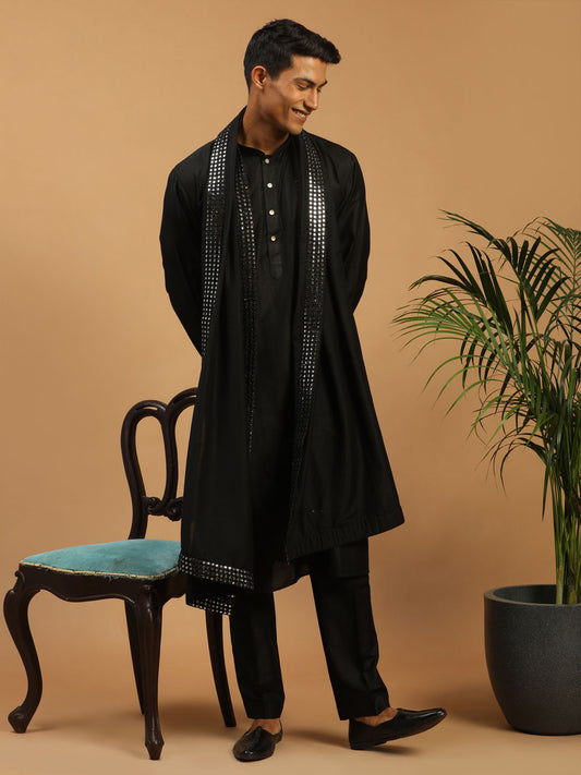 Men's Black Viscose Kurta, Pyjama & Dupatta Set