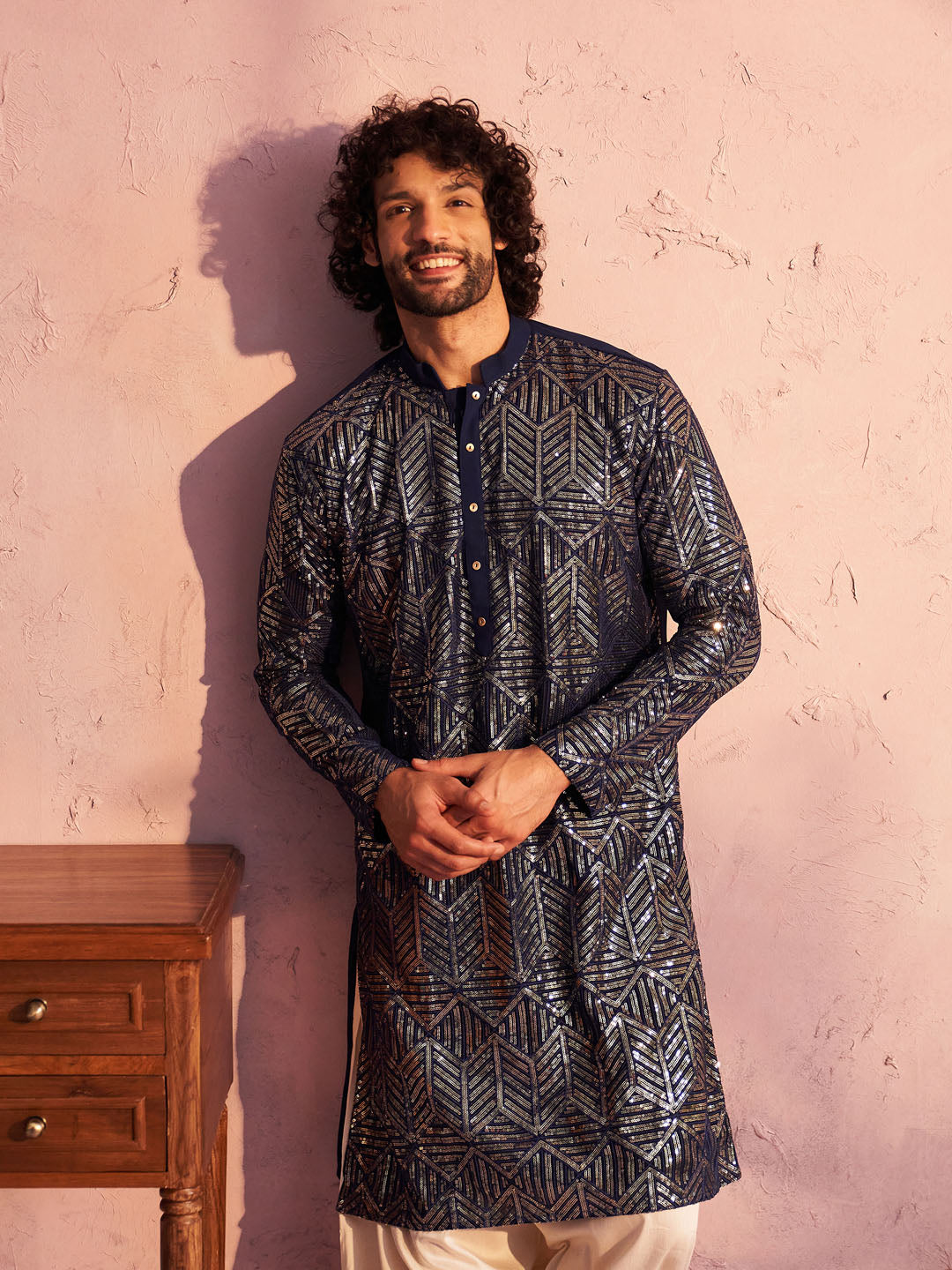 Men's Navy Blue And Cream Georgette Kurta and Patiala Set