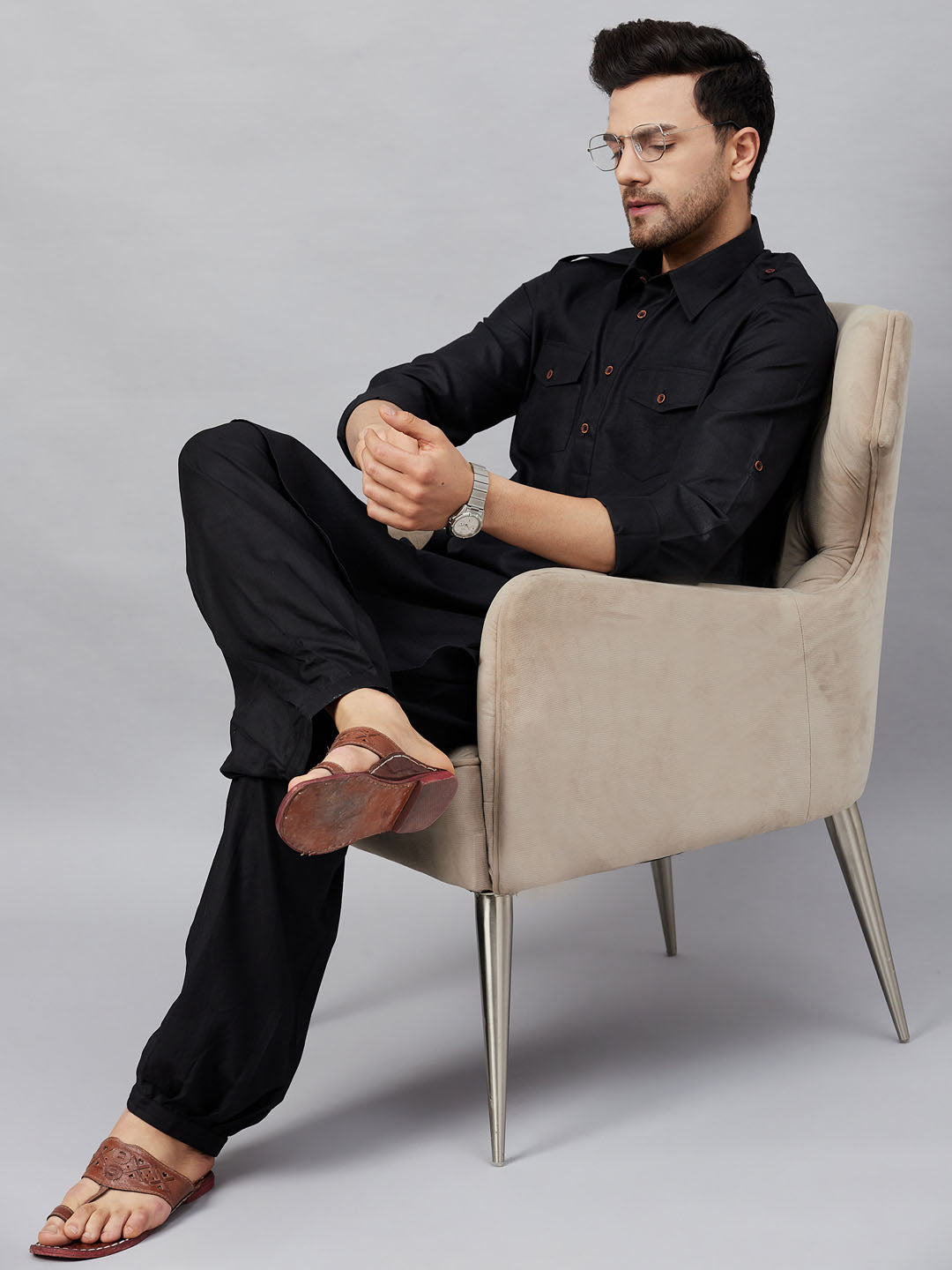 Men's Black Cotton Linen Blend Pyjama