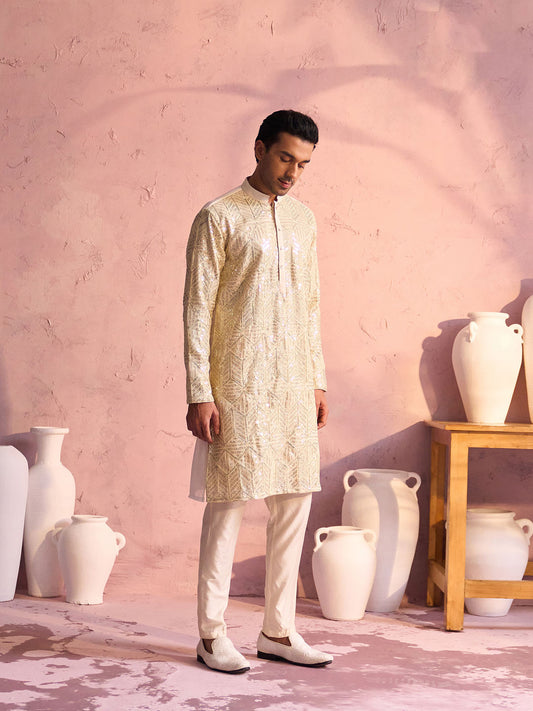 Men's Cream Georgette Kurta Pyjama Set