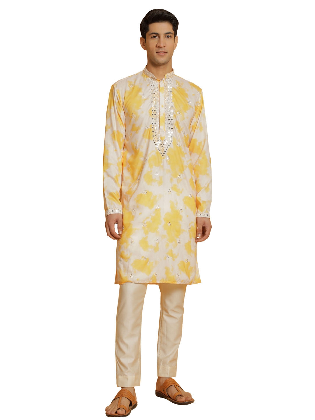 Men's Yellow And Cream Cotton Blend Kurta And Pyjama Set