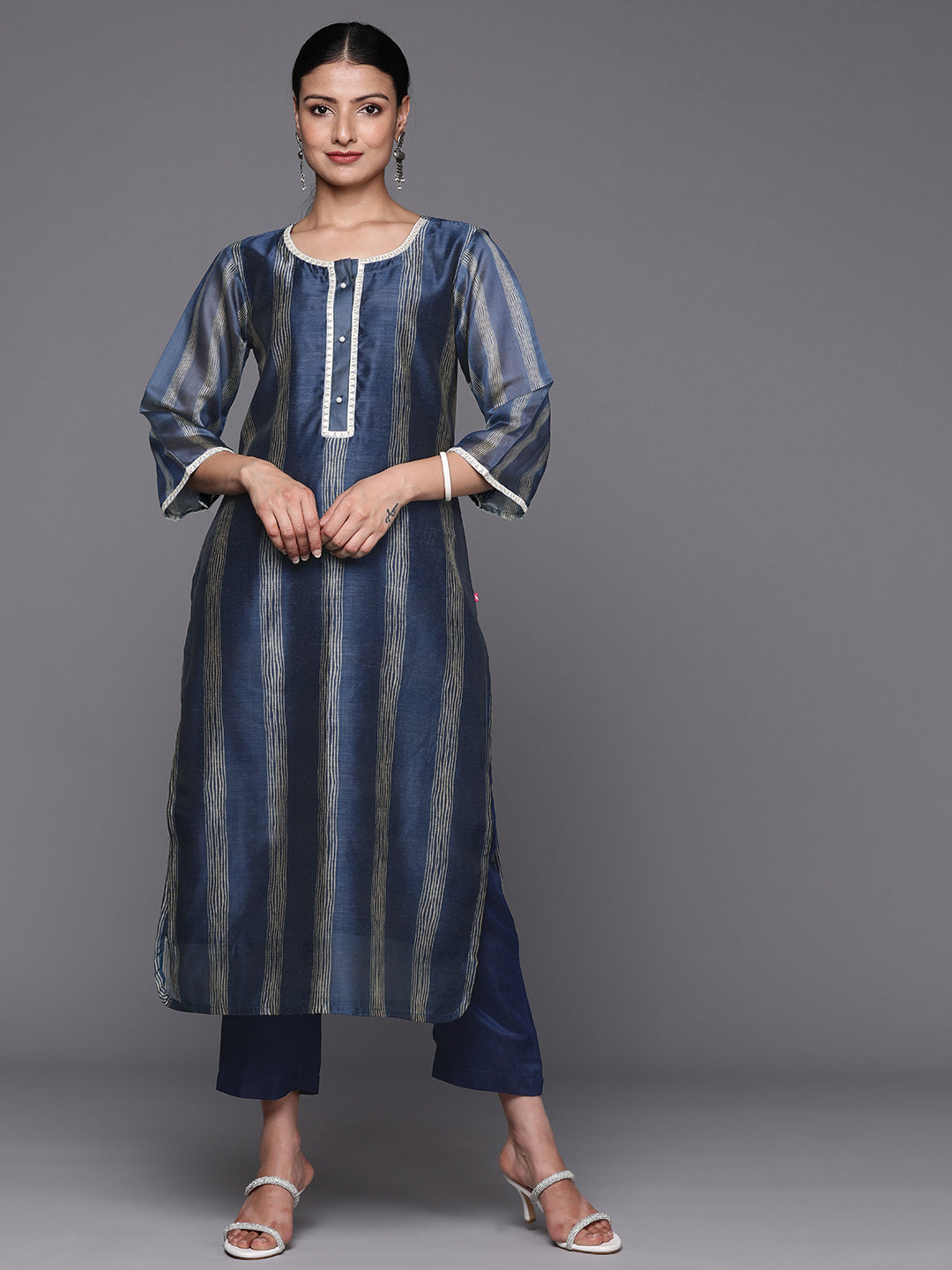 Kalini Women Navy Blue Printed Straight Kurta With Lace Detailed Paired With Tonal Bottom