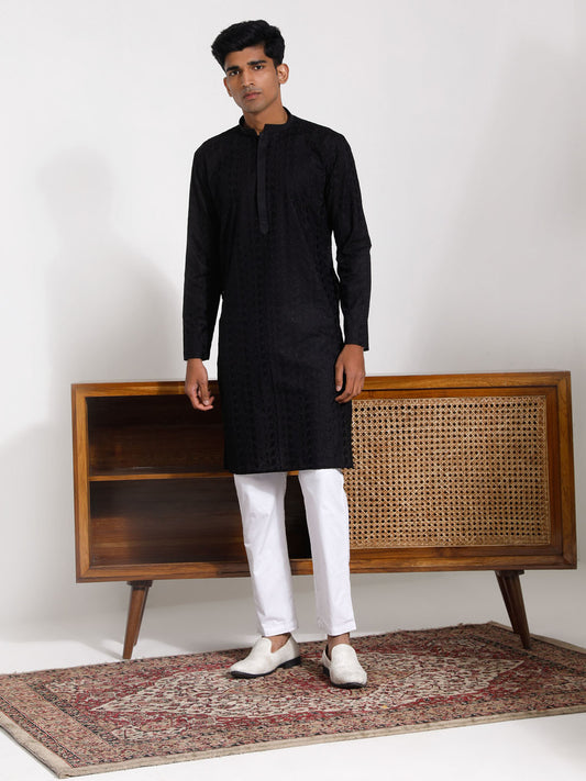 Men's Black And White Cotton Kurta Pyjama Set