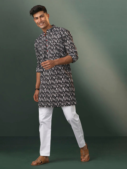 Men's Black And White Cotton Kurta Pyjama Set