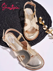 Shoetopia Classy Cross Strap Golden Flat Sandals For Women & Girls