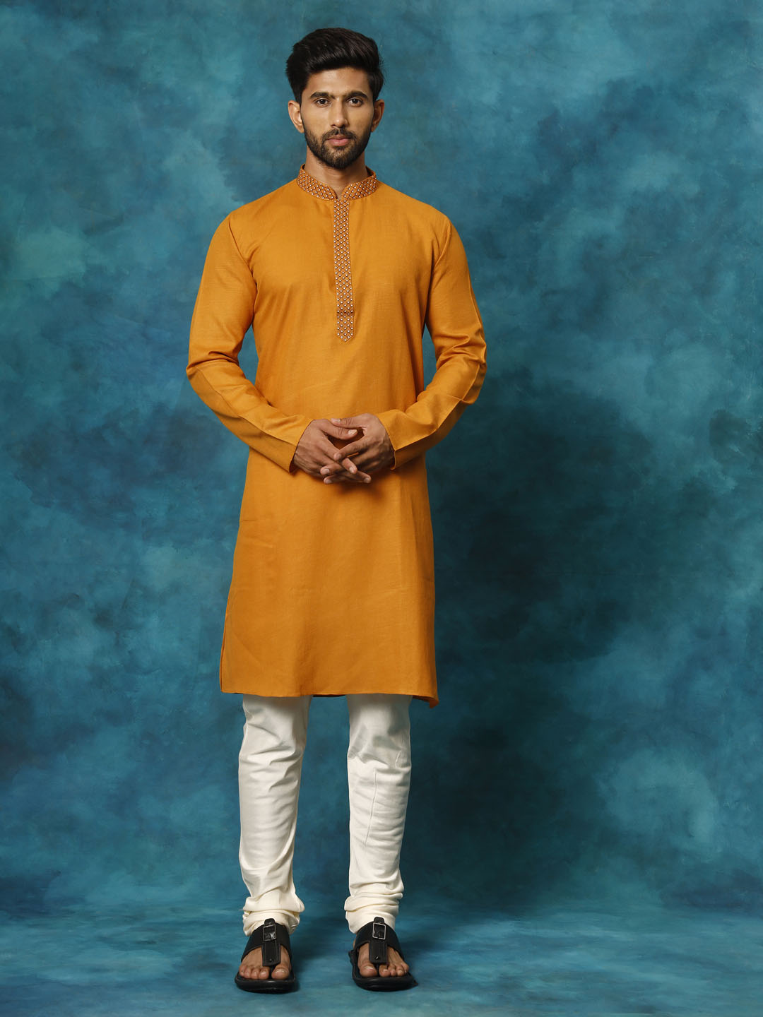 Men's Rust And Cream Cotton Blend Kurta Pyjama Set