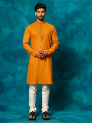 Men's Rust And Cream Cotton Blend Kurta Pyjama Set