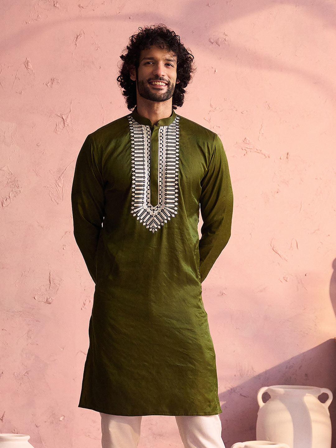 Men's Mehendi Green Moonga Silk Kurta