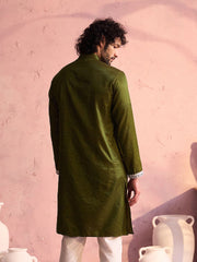 Men's Mehendi Green Moonga Silk Kurta