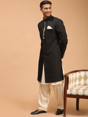 Men's Black And Cream Viscose Sherwani Set