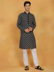 Men's Black And White Cotton Kurta And Pyjama Set