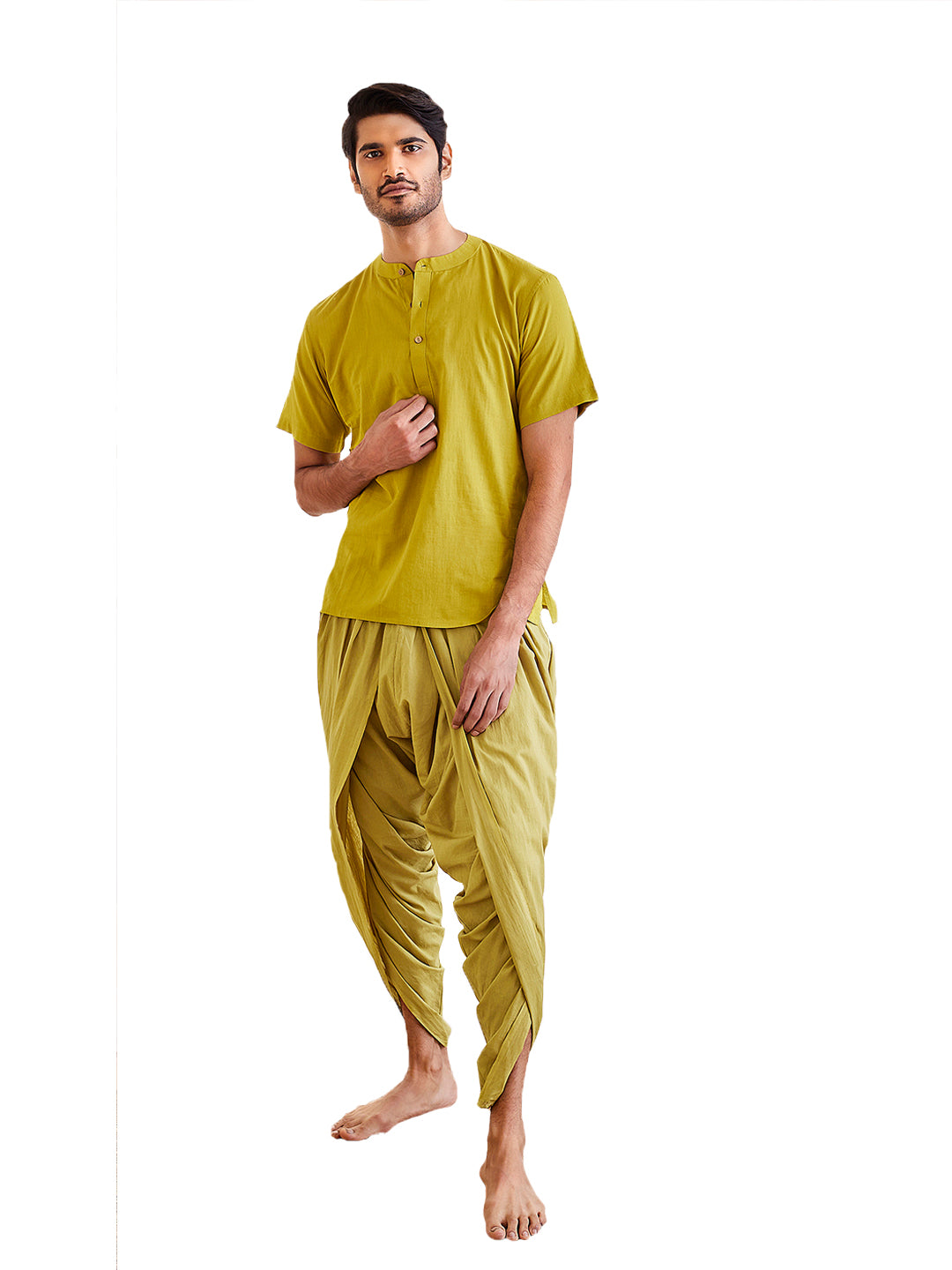 Men's Olive Green And Green Cotton Kurta And Dhoti Set