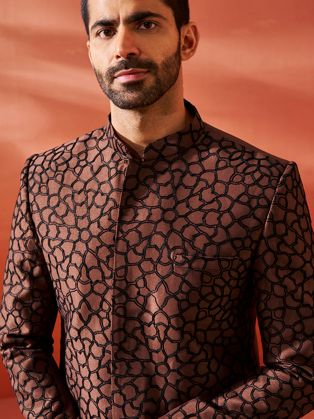 Men's Rust And Black Silk Blend Jodhpuri,Pyjama Set