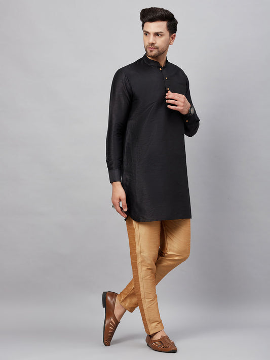 Men's Black And Rose Gold Cotton Blend Kurta Pyjama Set