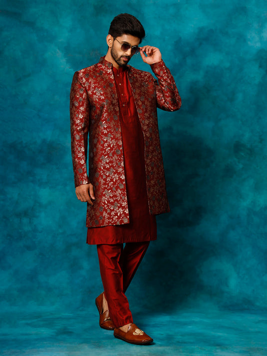 Men's Red Viscose Sherwani Set