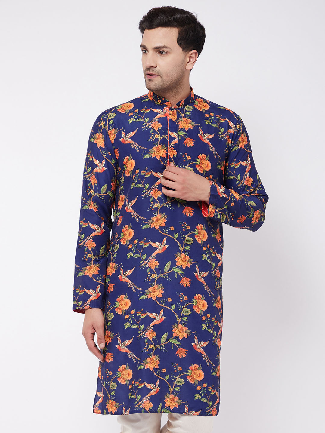 Men's Multicolor-Base-Navy Blue Muslin Kurta