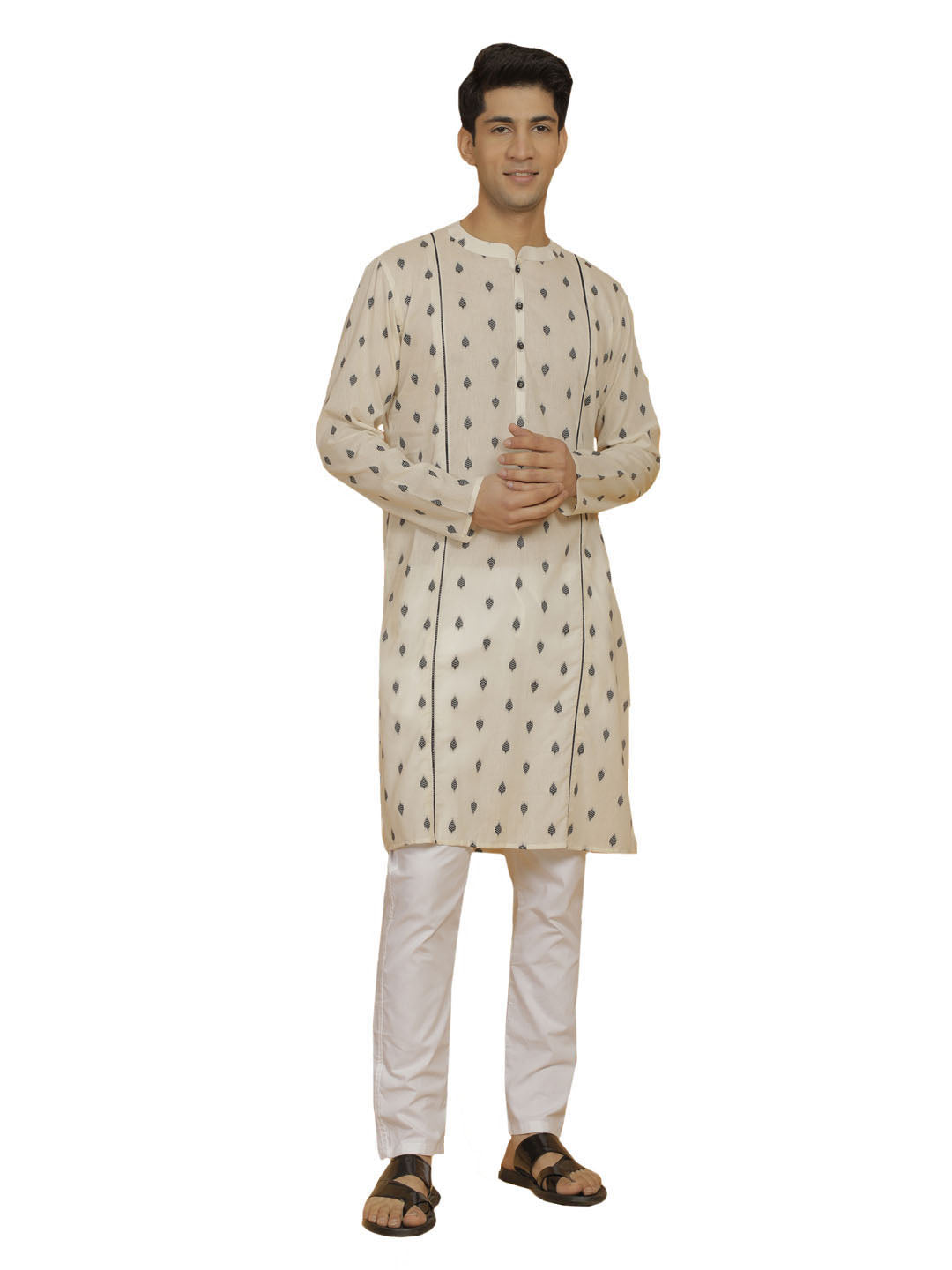 Men's Cream And Whiite Cotton Kurta And Pyjama Set