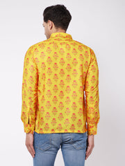 Men's Multicolor-Base-Mustard Muslin Ethnic Shirt