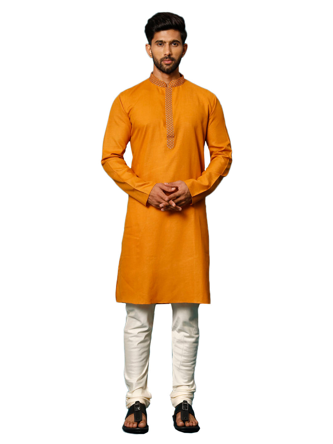 Men's Rust And Cream Cotton Blend Kurta Pyjama Set