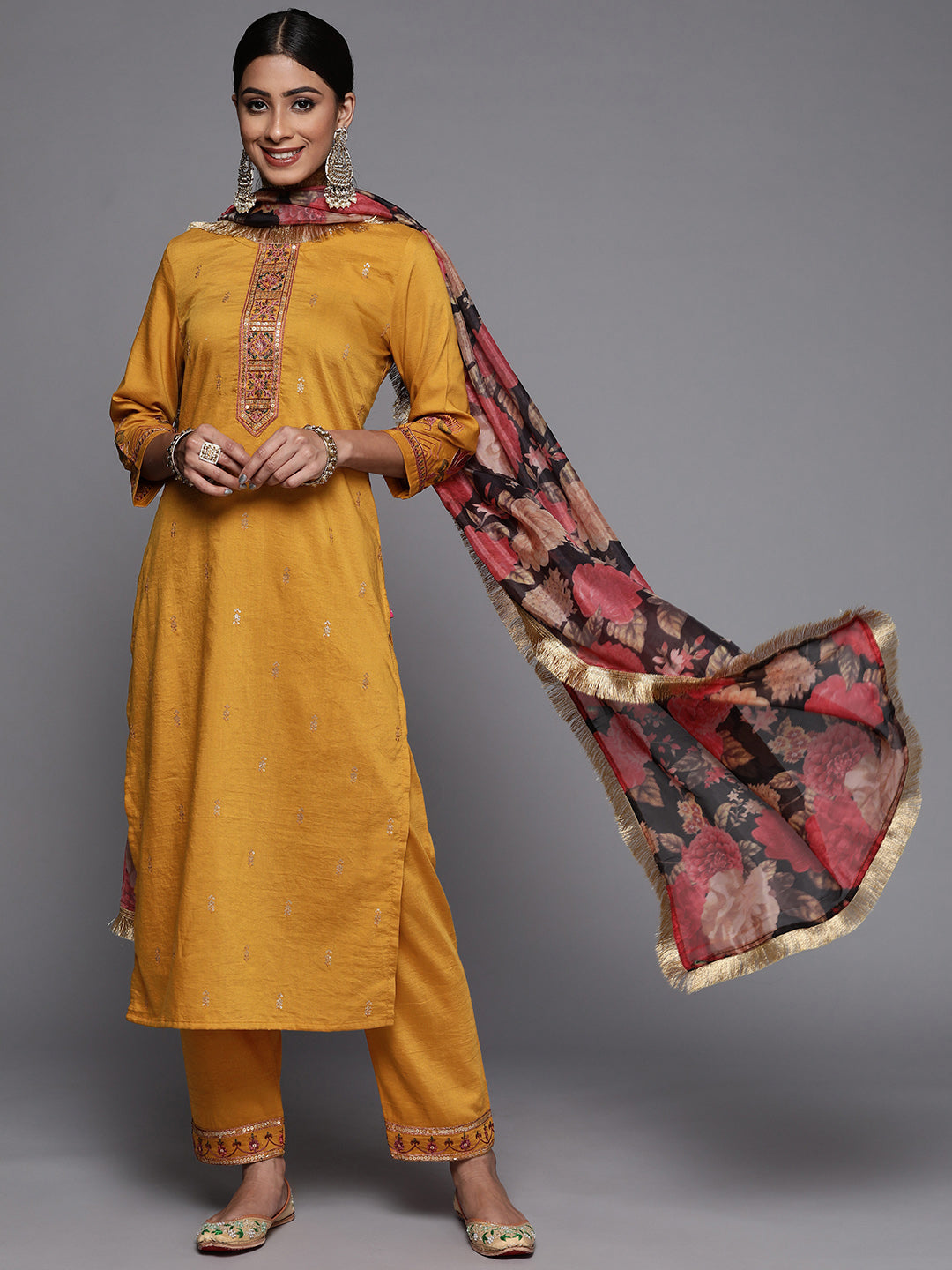 mustard embroiderd kurta and trouser with digital printed dupatta