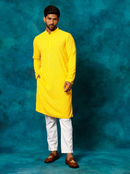 Men's Yellow And White Rayon Cotton Kurta Pyjama Set