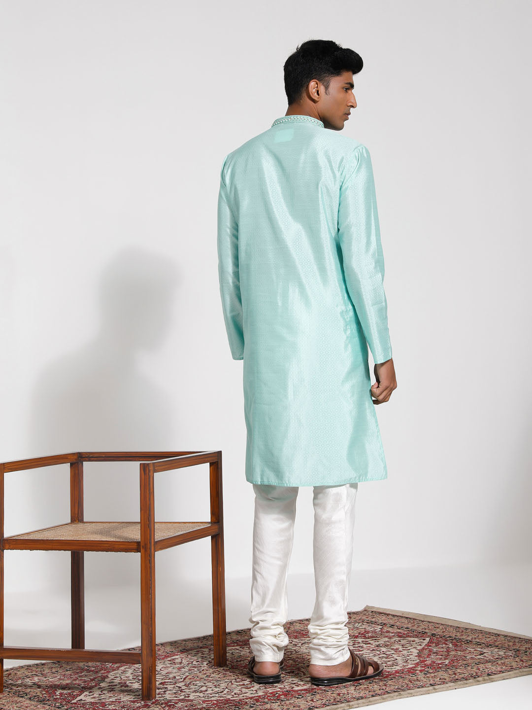 Men's Mint Green And Cream Silk Blend Kurta Pyjama Set