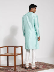 Men's Mint Green And Cream Silk Blend Kurta Pyjama Set