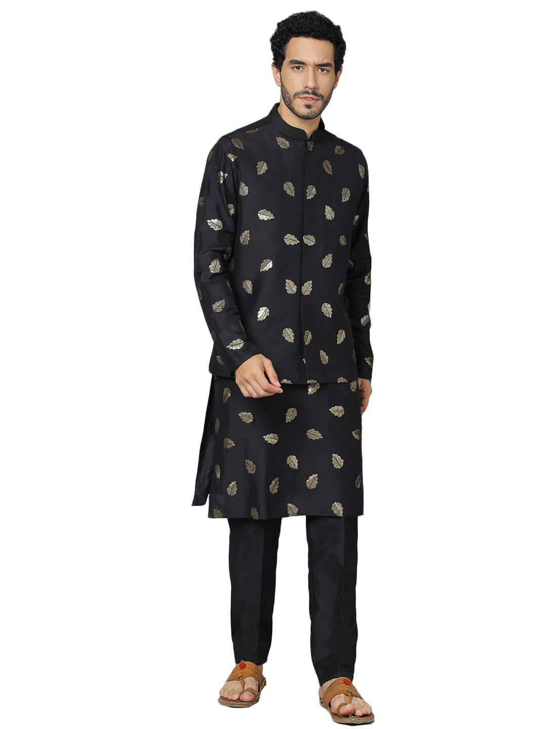 Men's Black Cotton Blend Jacket, Kurta and Pyjama Set