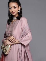 Women Mauve Thread Work Straight Kurta With Solid Trouser And Dupatta Set