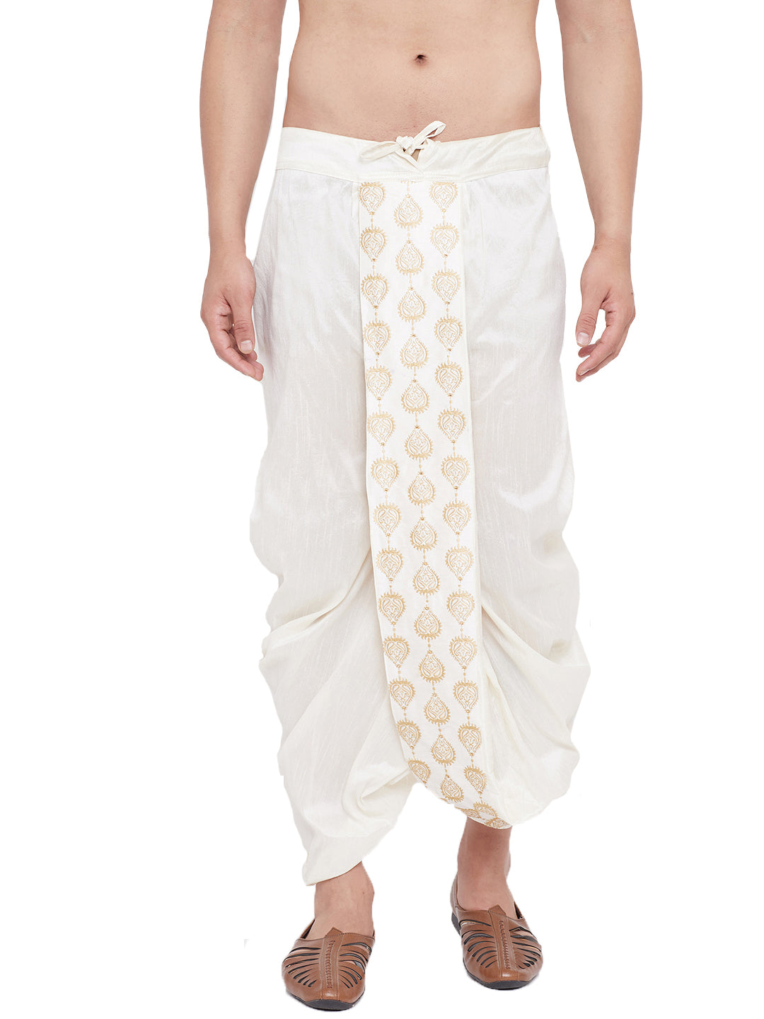 Men's Cream Silk Blend Embroidered Dhoti