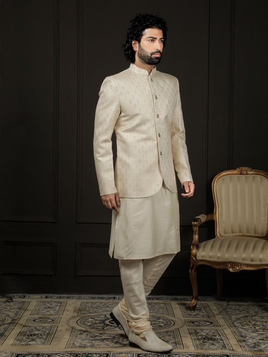 Men's Gold And Cream Viscose Jodhpuri, Kurta and Pyjama Set