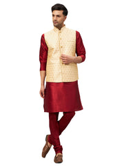 Men's Maroon And Gold Silk Blend Jacket, Kurta and Pyjama Set