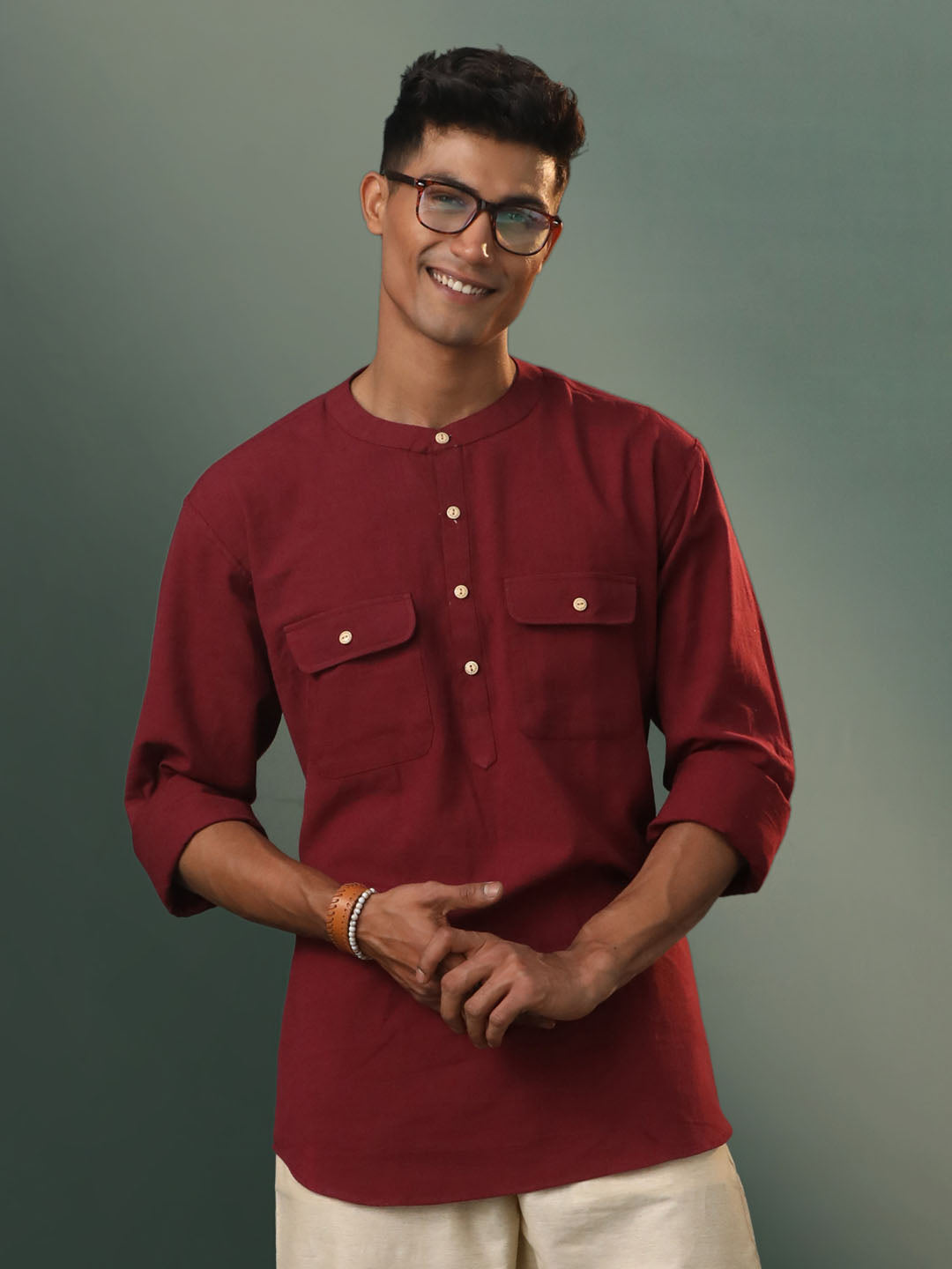 Men's Maroon Cotton Short Kurta