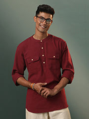 Men's Maroon Cotton Short Kurta