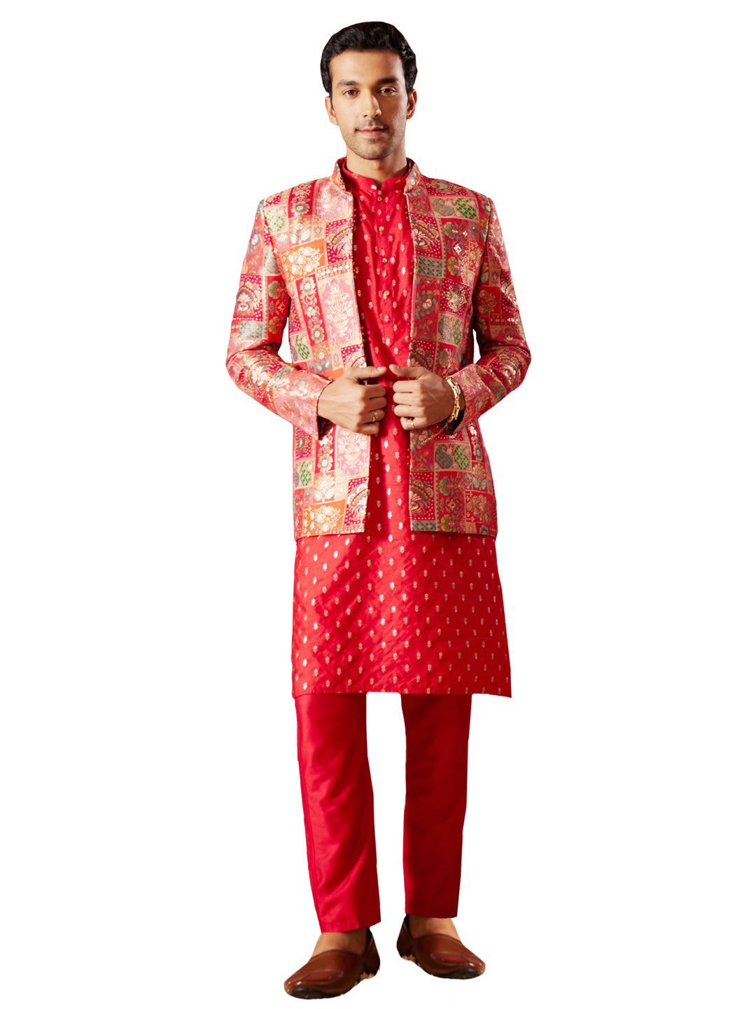 Men's Red Silk Blend Jacket, Kurta and Pyjama Set