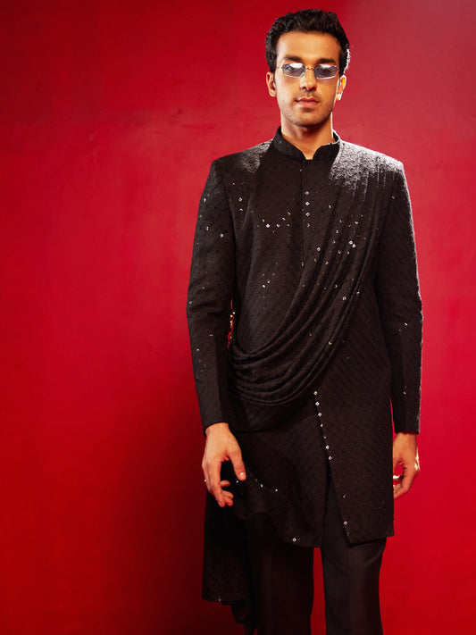 Men's Black Silk Blend Sherwani Only Top