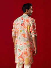 Men's Multi color Base Pink Cotton blend Kurta