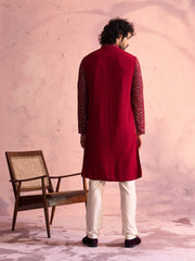 Men's Maroon And Cream Georgette Kurta Pyjama Set