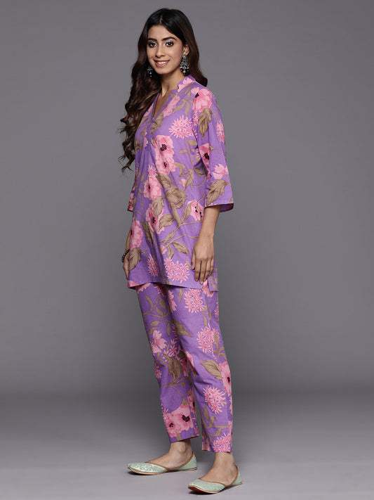 Women  Lavender Floral Printed Cotton Co-Ords