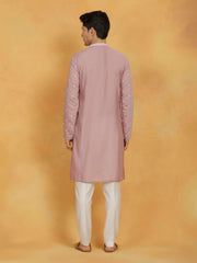 Men's Pink And White Silk Blend Kurta And Pyjama Set