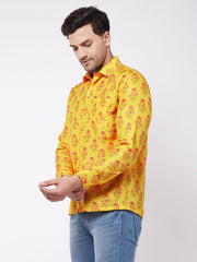 Men's Multicolor-Base-Mustard Muslin Ethnic Shirt