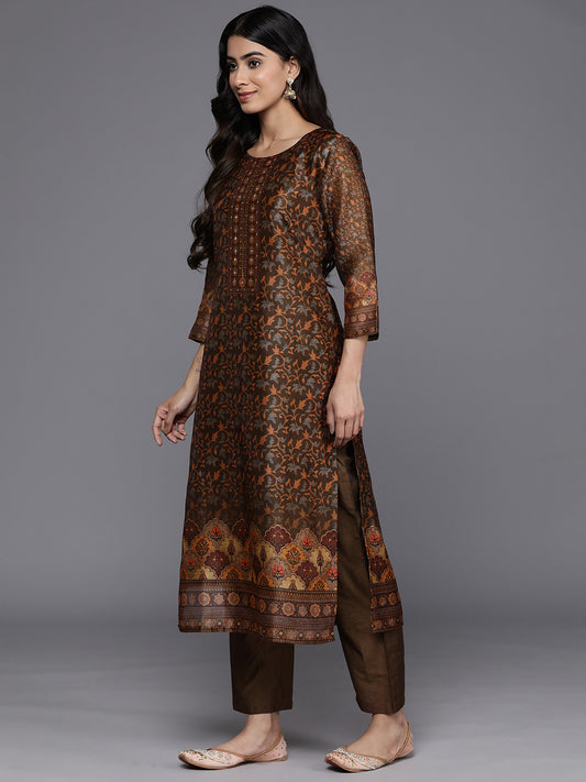 Women Brown Ethnic Motif Placket Embroidered Straight Kurta Paired With Tonal Solid Bottom And Printed Dupatta