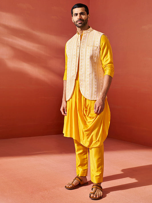 Men's Yellow Viscose Jacket,Kurta And Pyjama Set.