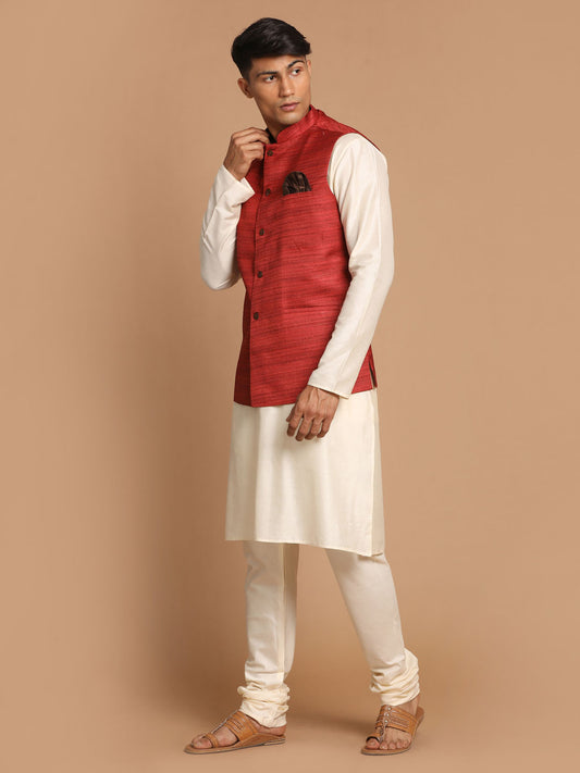 Men's Maroon And Cream Viscose Jacket, Kurta and Pyjama Set